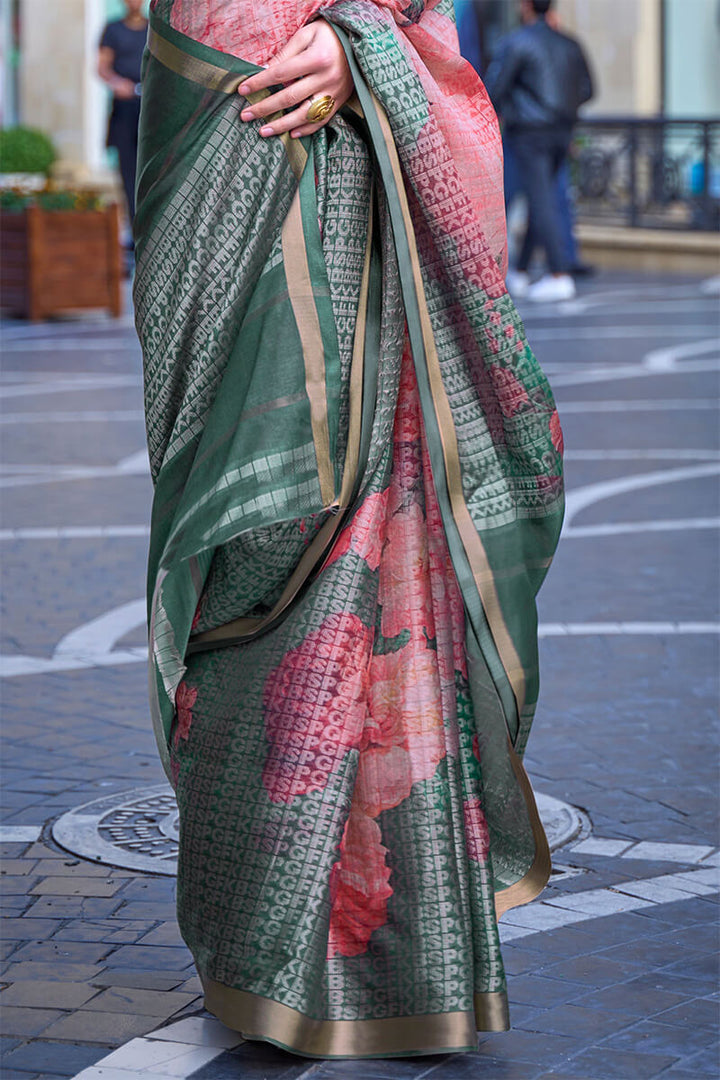 Green and Pink Printed Handloom Weaving Silk Saree