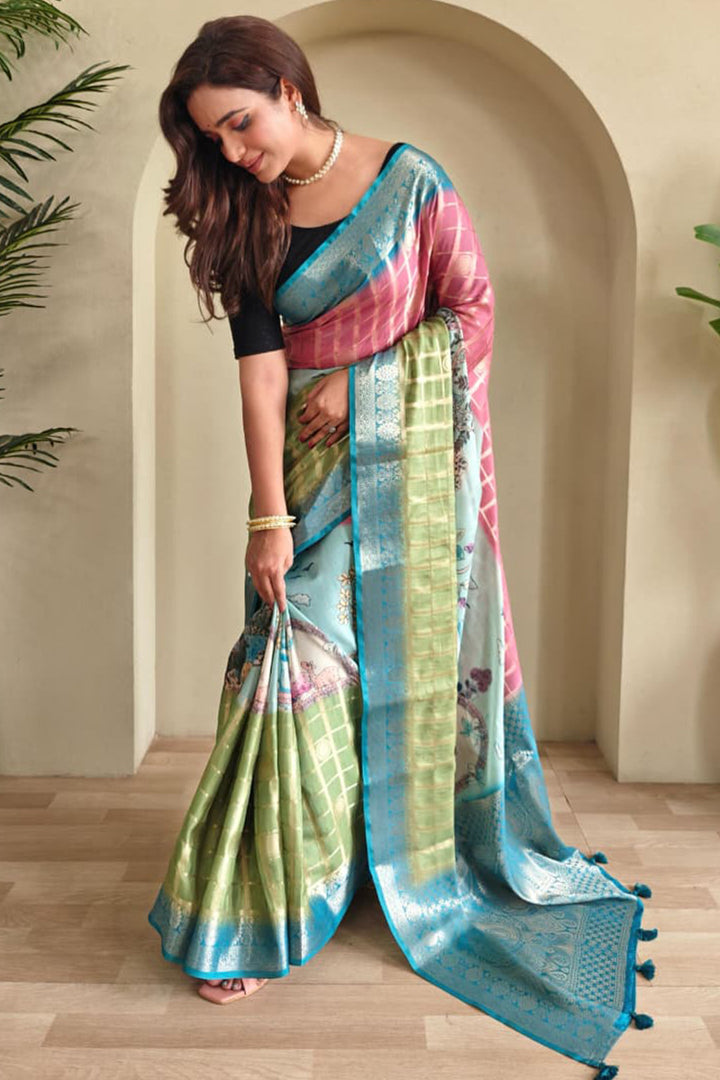 Green and Pink Printed Zari Woven Georgette Silk Saree