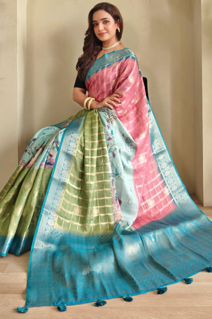 Green and Pink Printed Zari Woven Georgette Silk Saree