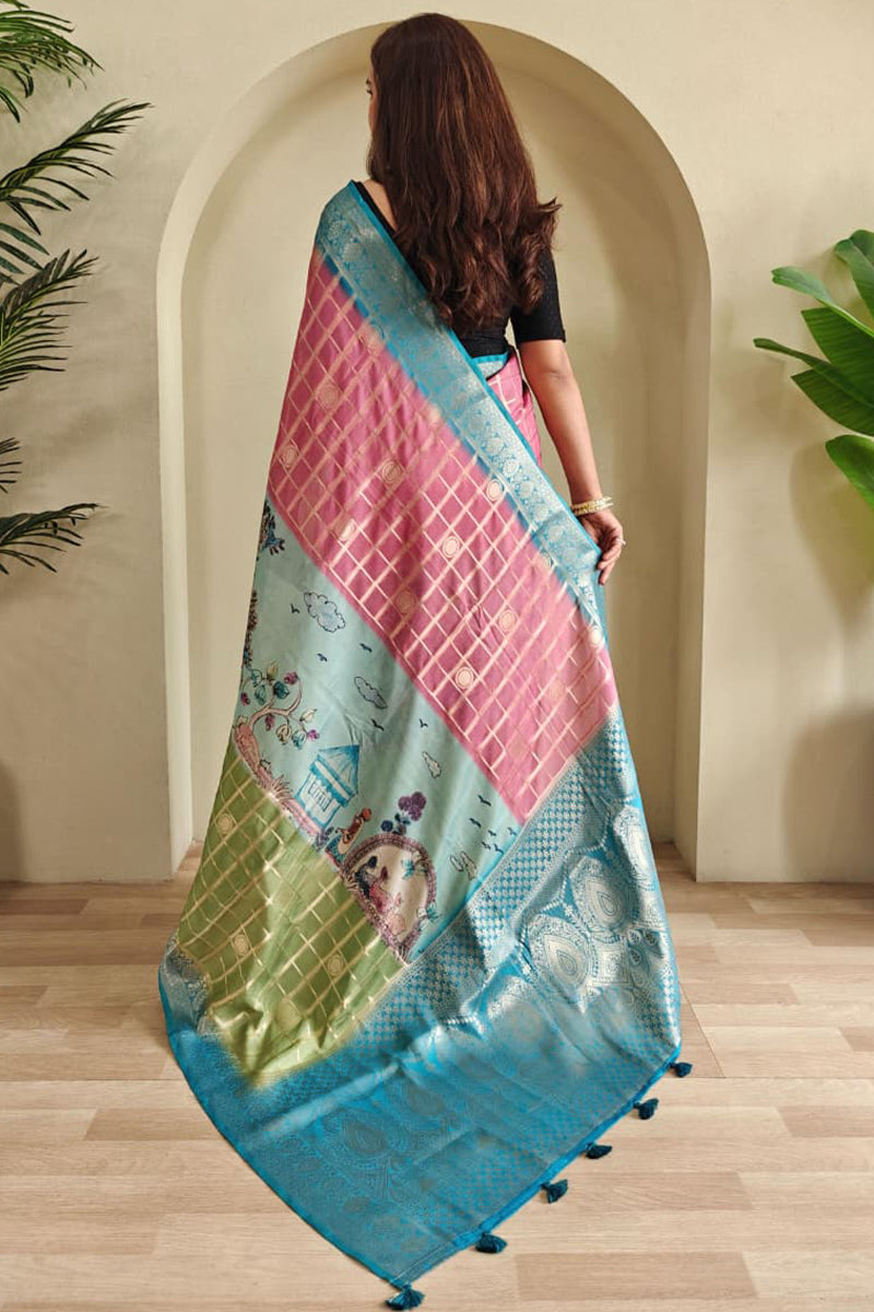 Green and Pink Printed Zari Woven Georgette Silk Saree
