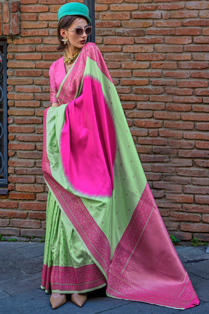 Green and Pink Woven Soft Banarasi Silk Saree