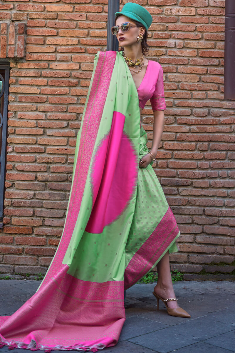 Green and Pink Woven Soft Banarasi Silk Saree