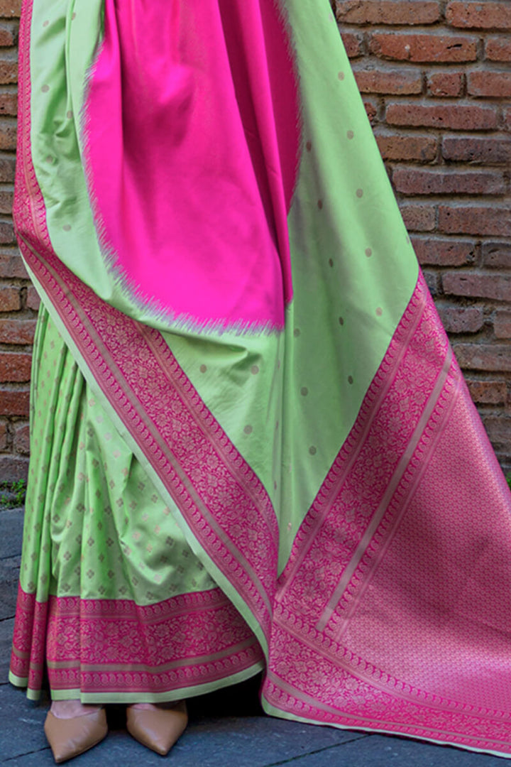 Green and Pink Woven Soft Banarasi Silk Saree