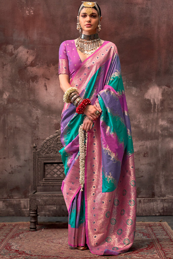 Green and Purple Handloom Banarasi Silk Saree