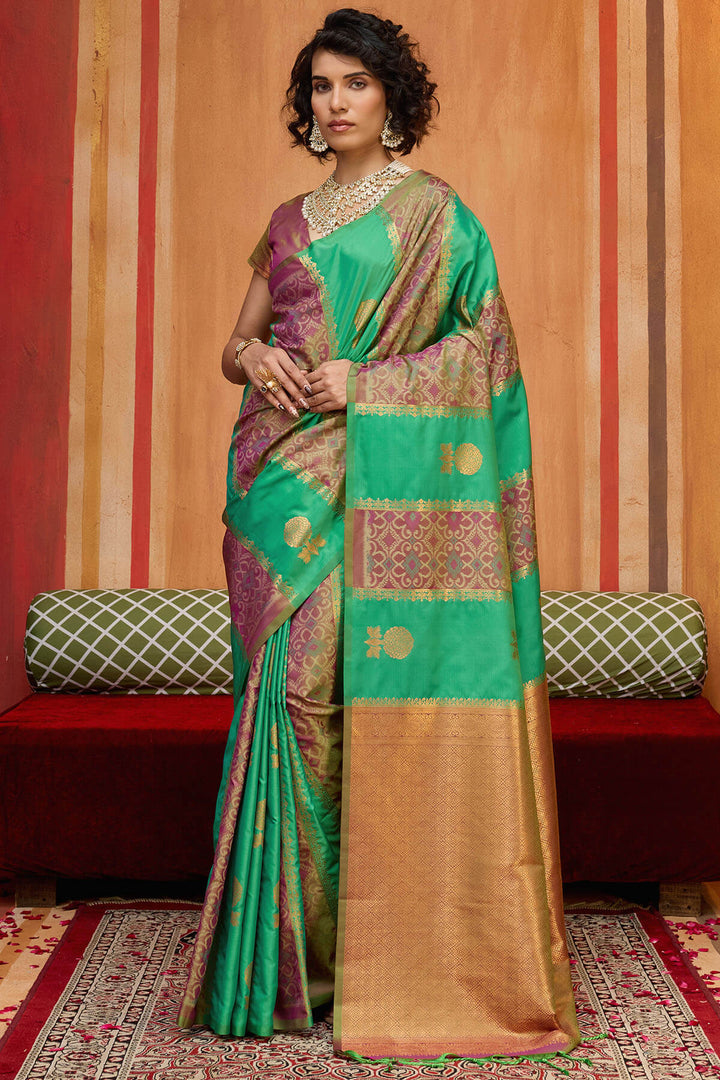 Green and Purple Zari Handloom Soft Banarasi Silk Saree