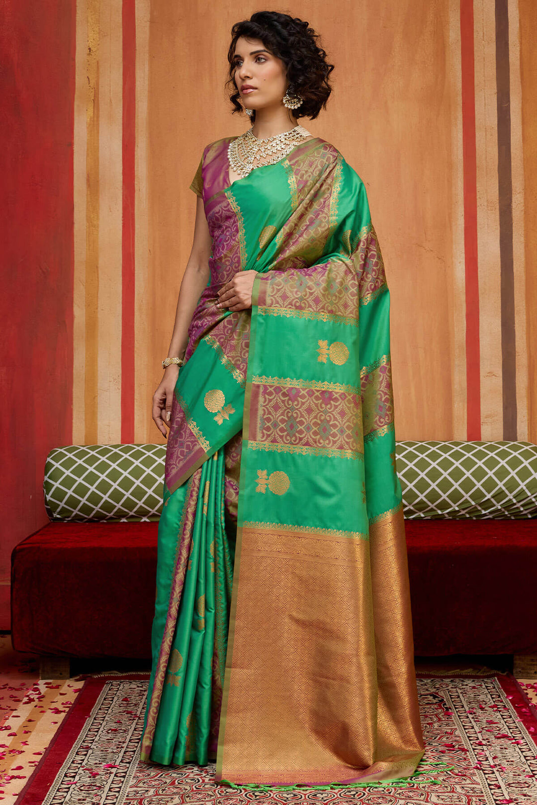 Green and Purple Zari Handloom Soft Banarasi Silk Saree