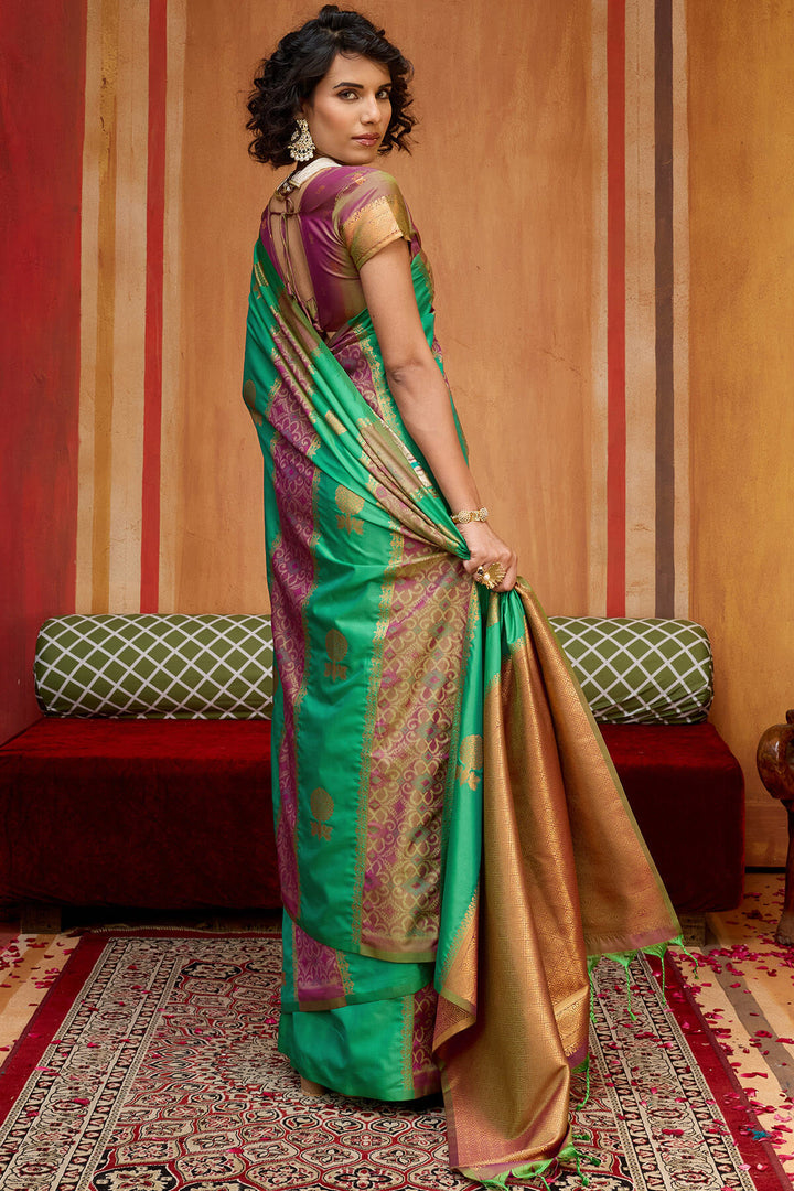Green and Purple Zari Handloom Soft Banarasi Silk Saree