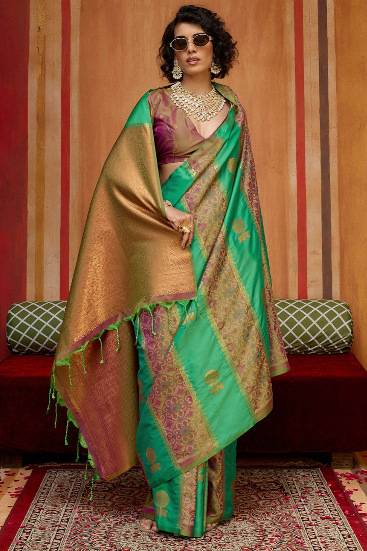 Green and Purple Zari Handloom Soft Banarasi Silk Saree