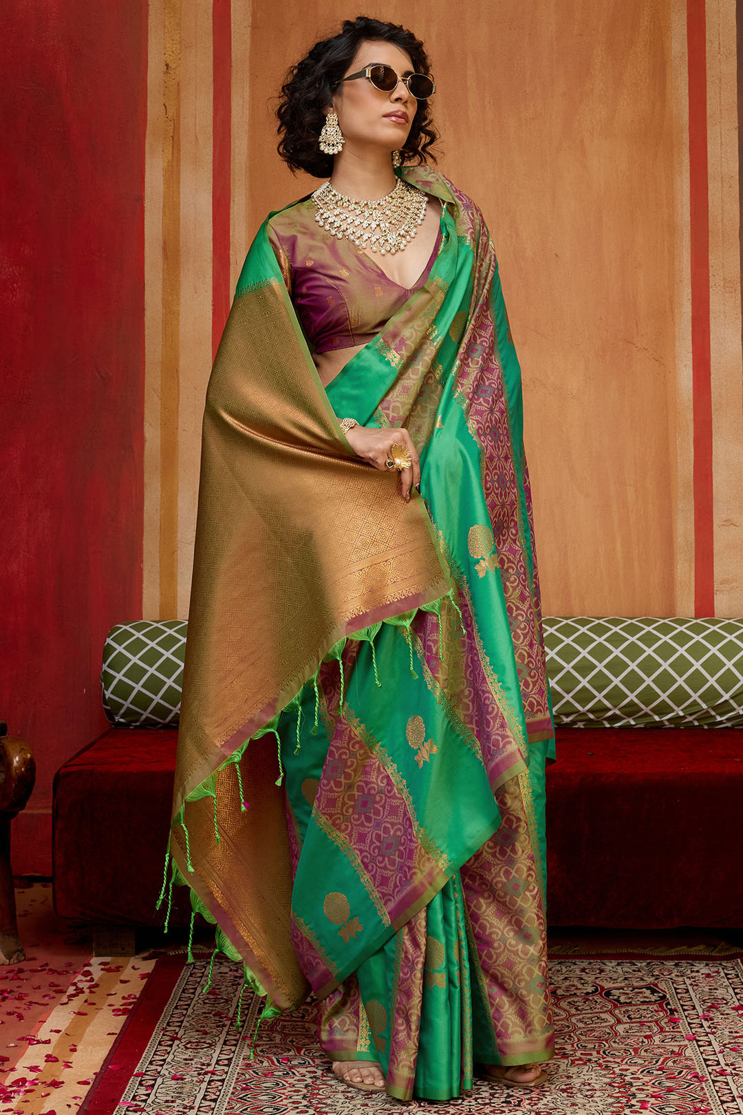 Green and Purple Zari Handloom Soft Banarasi Silk Saree
