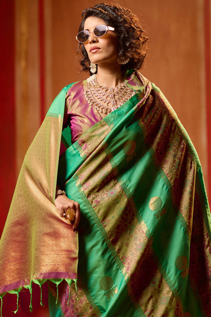 Green and Purple Zari Handloom Soft Banarasi Silk Saree