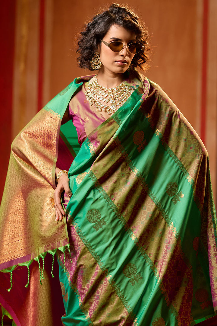 Green and Purple Zari Handloom Soft Banarasi Silk Saree