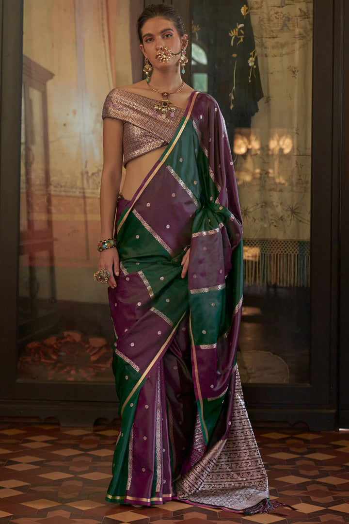 Green and Wine Banarasi satin silk saree