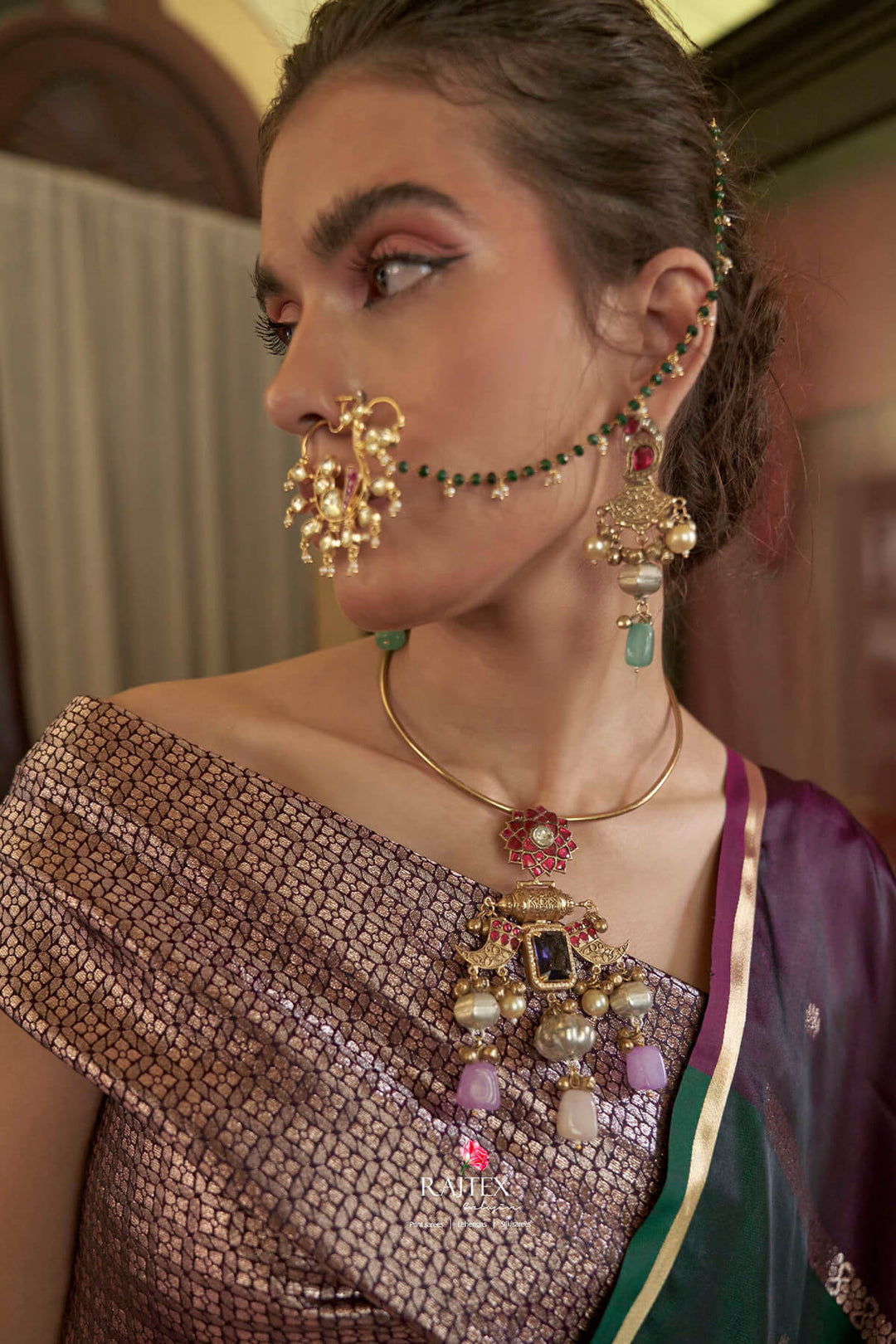 Green and Wine Banarasi satin silk saree