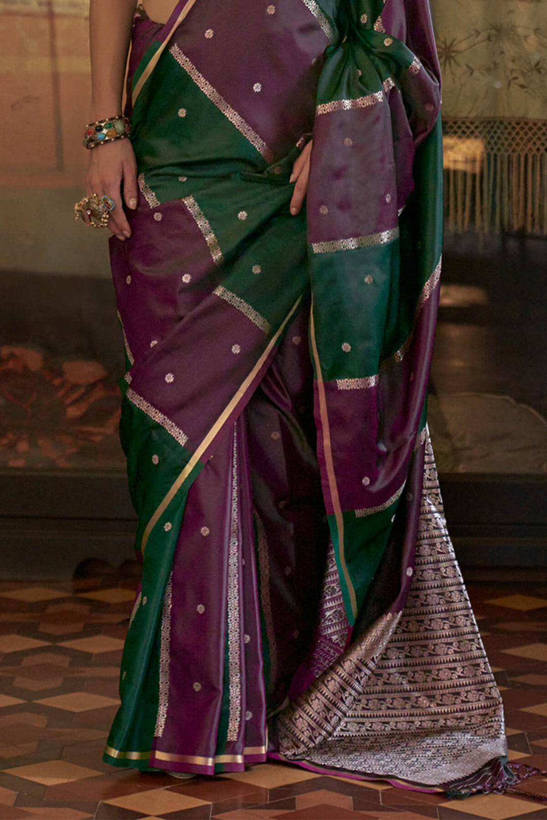 Green and Wine Banarasi satin silk saree