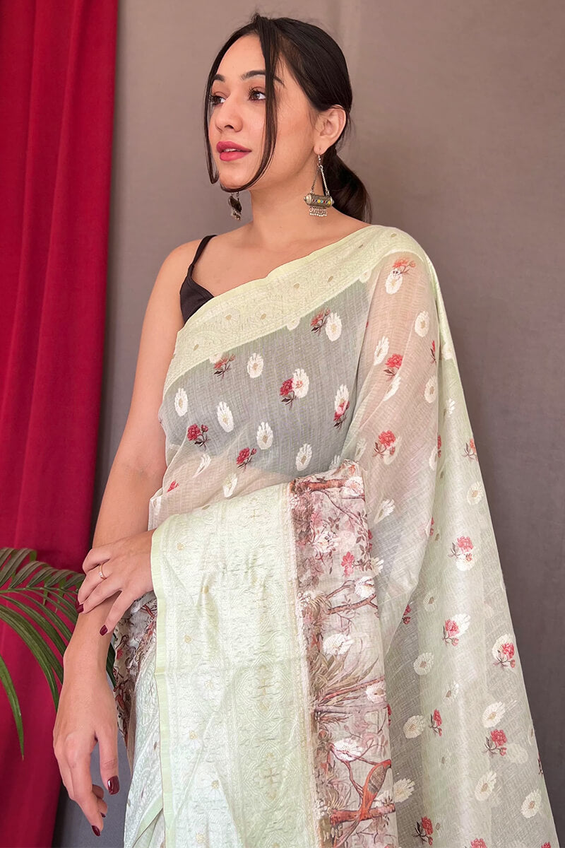 Greenish Beige Lucknowi Cotton Silk Saree