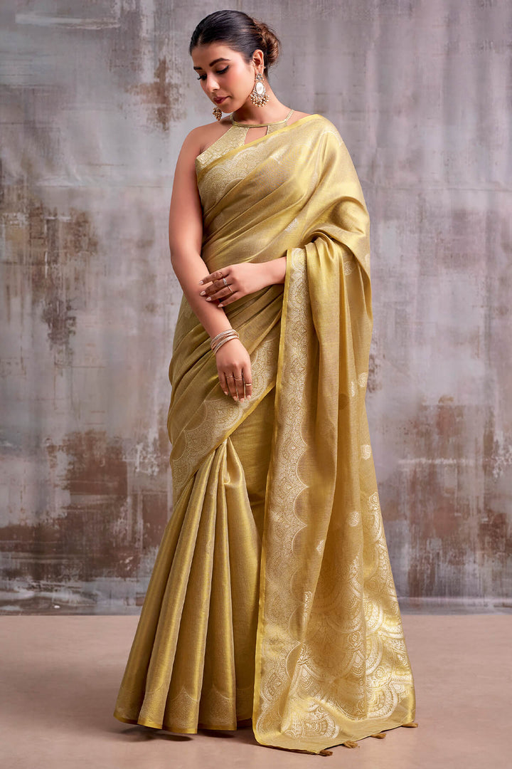 Greenish Beige Zari Woven Banarasi Tissue Silk Saree