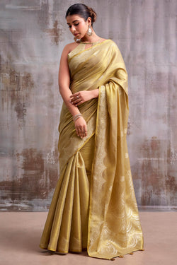Greenish Beige Zari Woven Banarasi Tissue Silk Saree