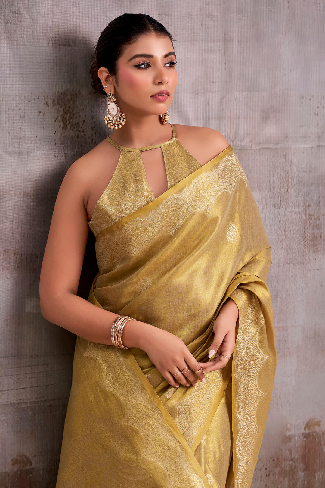 Greenish Beige Zari Woven Banarasi Tissue Silk Saree