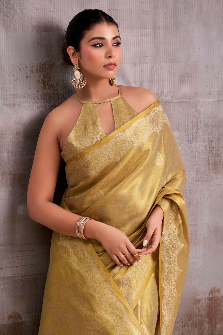 Greenish Beige Zari Woven Banarasi Tissue Silk Saree
