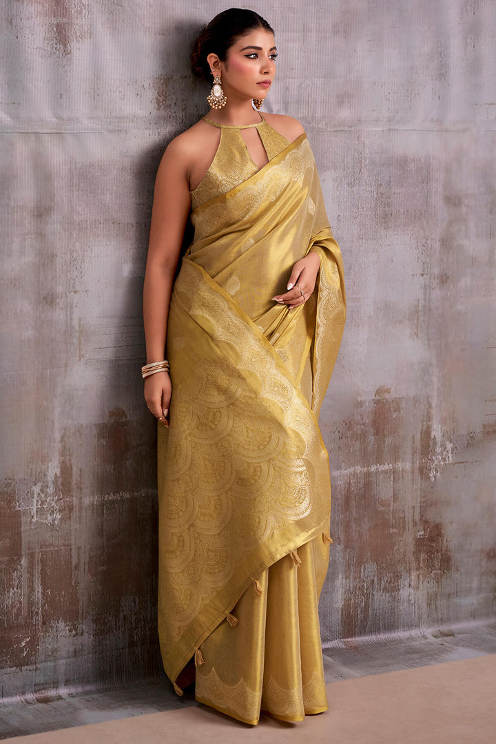 Greenish Beige Zari Woven Banarasi Tissue Silk Saree