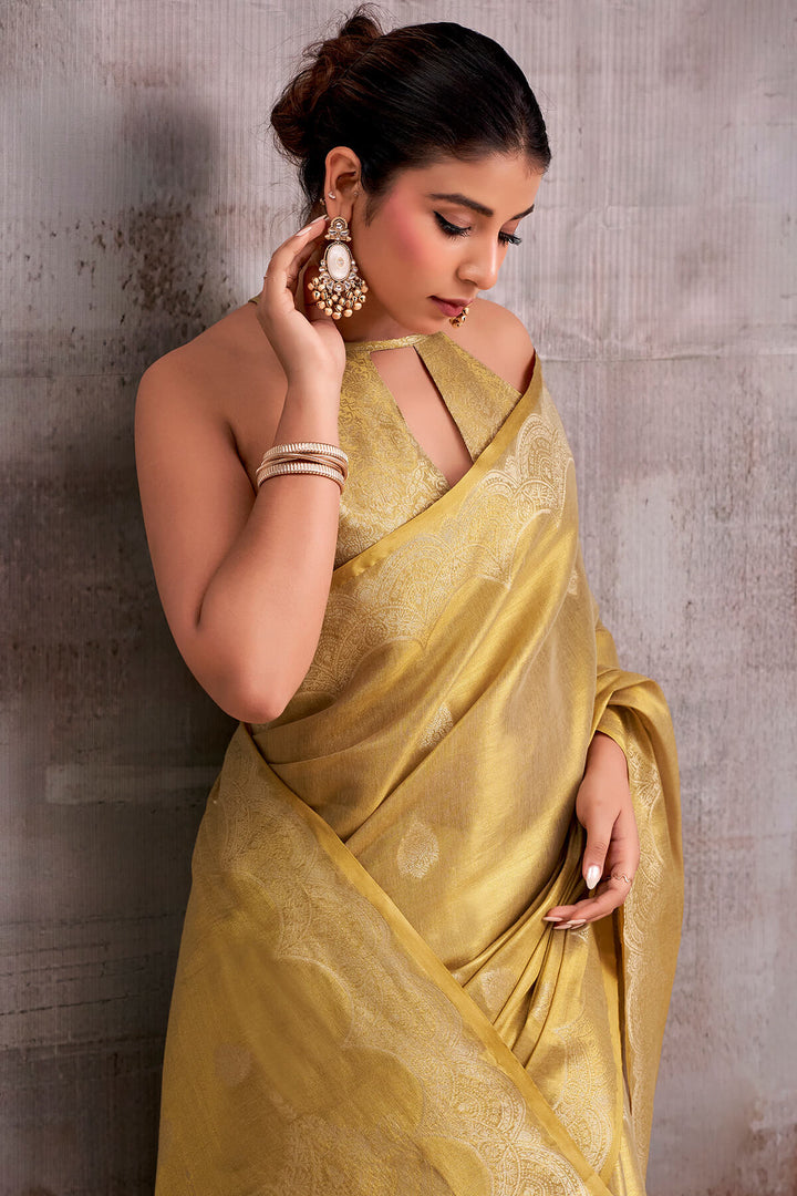 Greenish Beige Zari Woven Banarasi Tissue Silk Saree