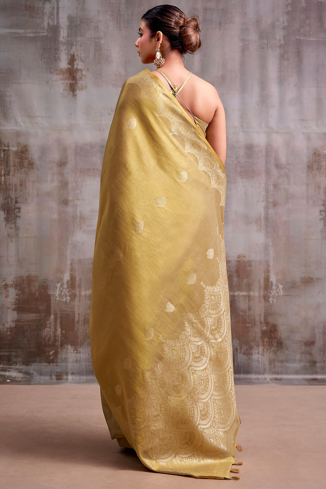 Greenish Beige Zari Woven Banarasi Tissue Silk Saree
