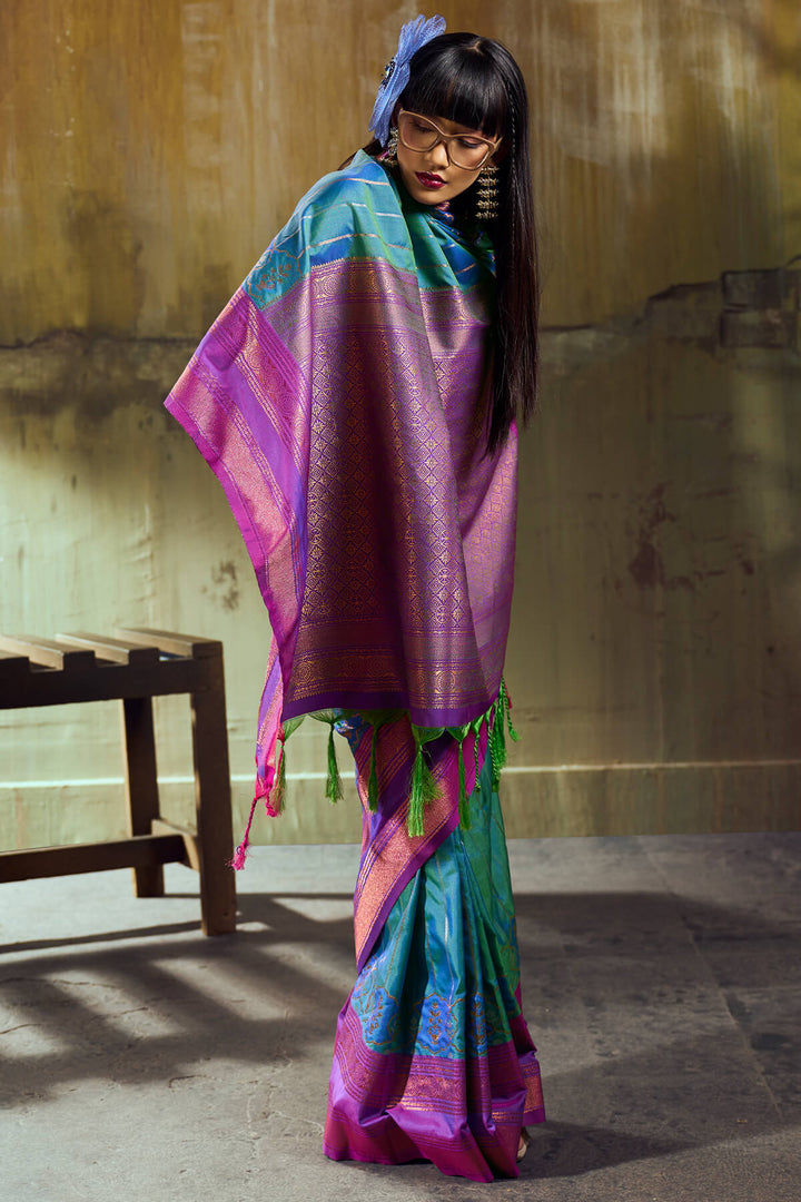 Greenish Blue Soft Pochampally Silk Saree