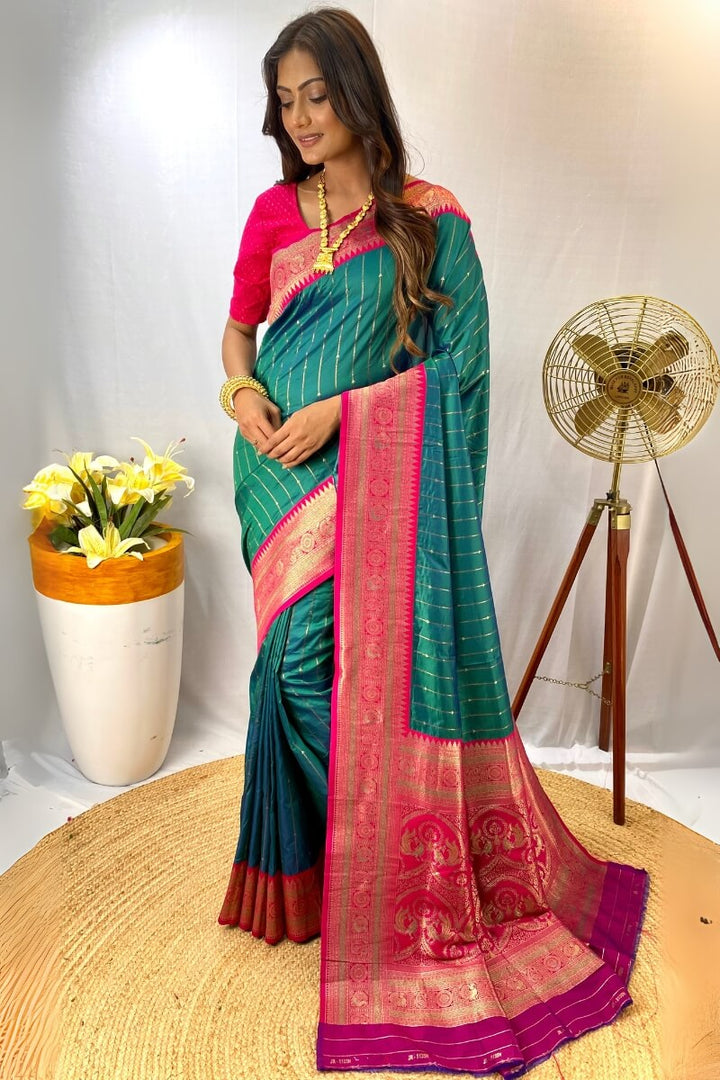 Greenish Blue Zari Woven Banarasi Silk Saree