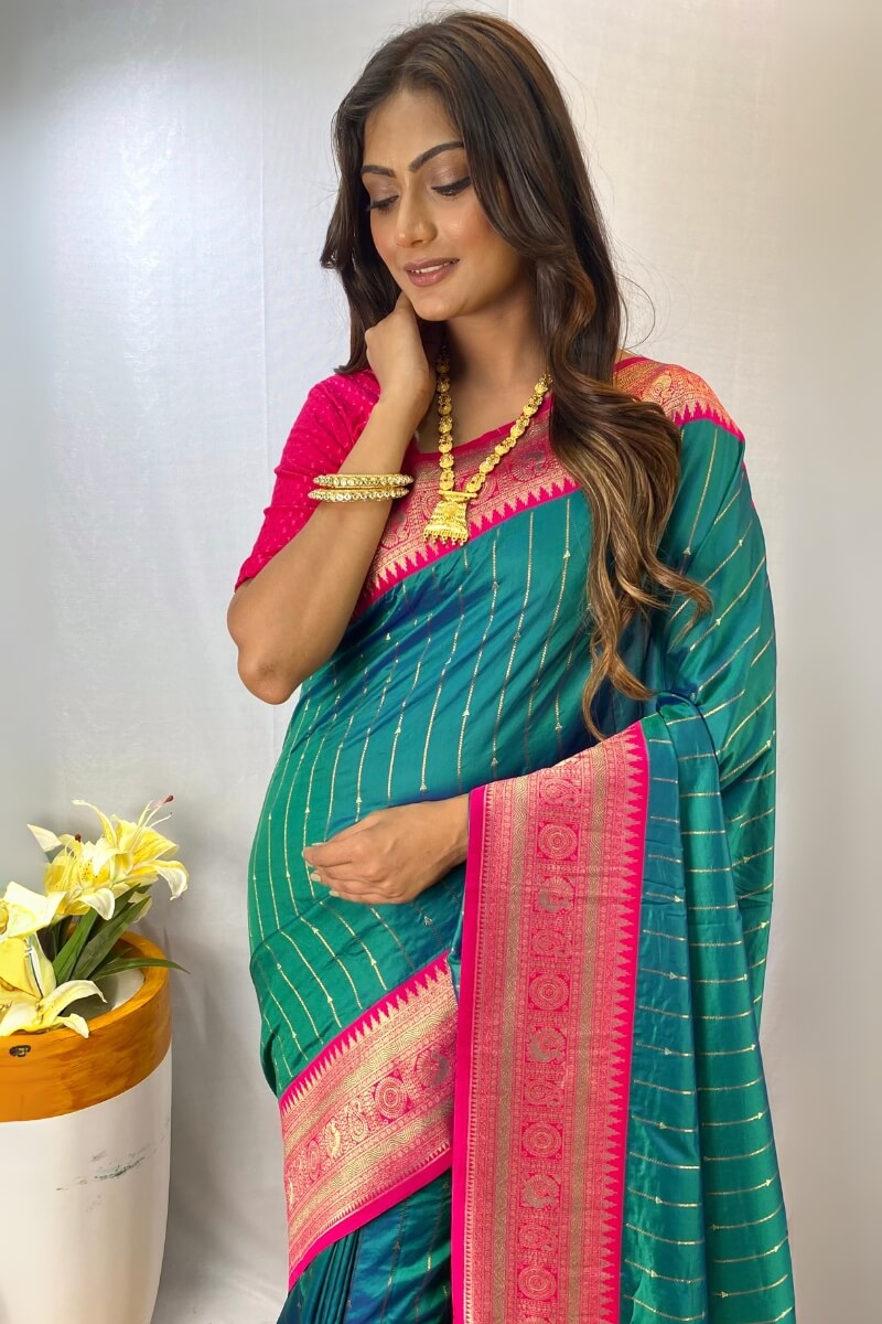 Greenish Blue Zari Woven Banarasi Silk Saree