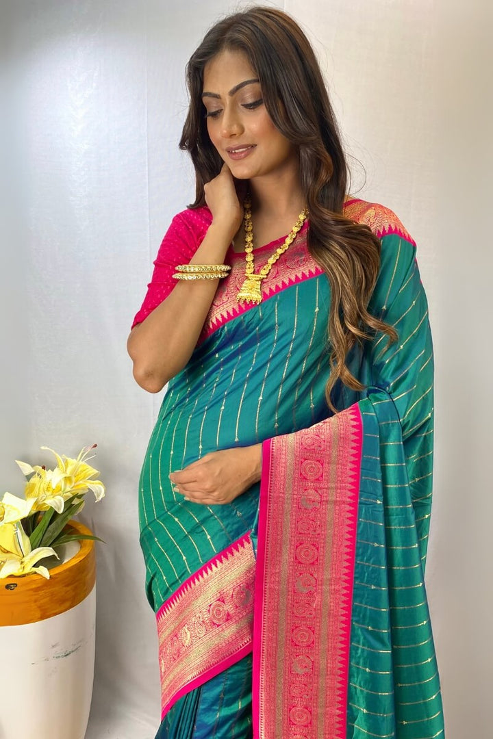 Greenish Blue Zari Woven Banarasi Silk Saree