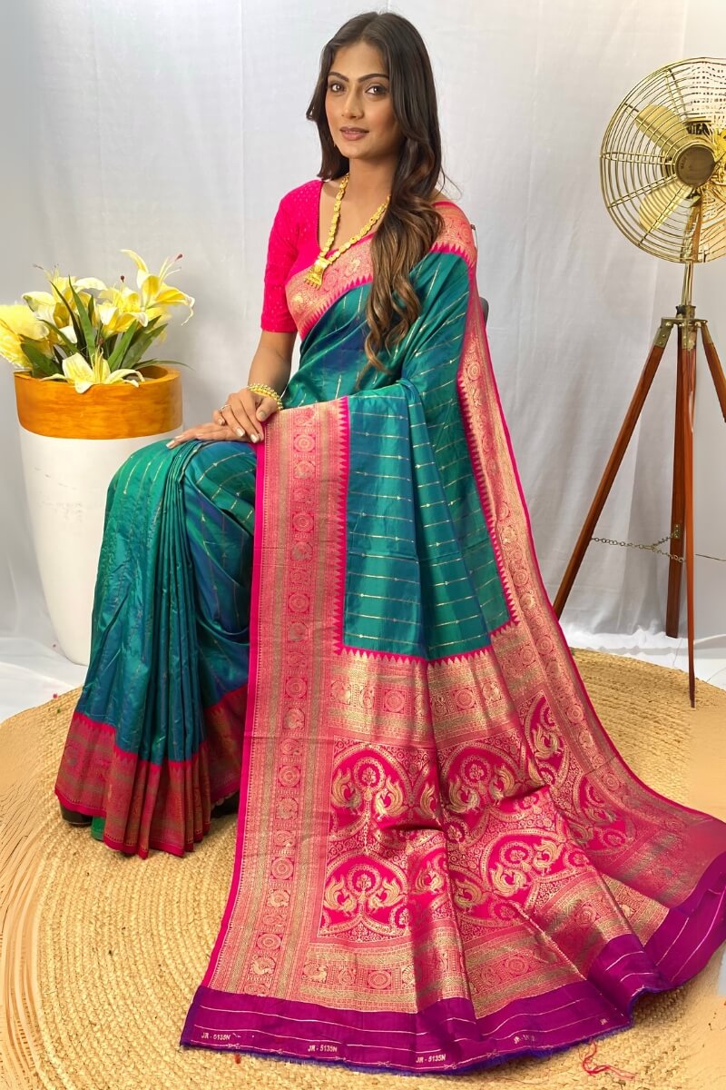 Greenish Blue Zari Woven Banarasi Silk Saree