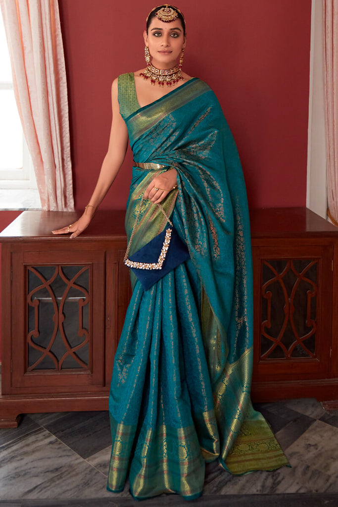 Greenish Blue Zari Woven Kanjivaram Silk Saree