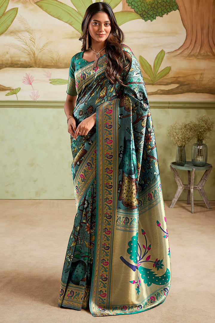 Greenish Blue Zari Woven Paithani Silk Saree