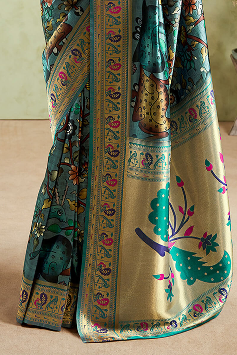 Greenish Blue Zari Woven Paithani Silk Saree