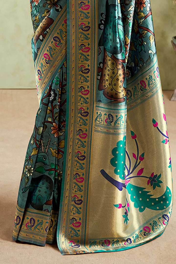 Greenish Blue Zari Woven Paithani Silk Saree