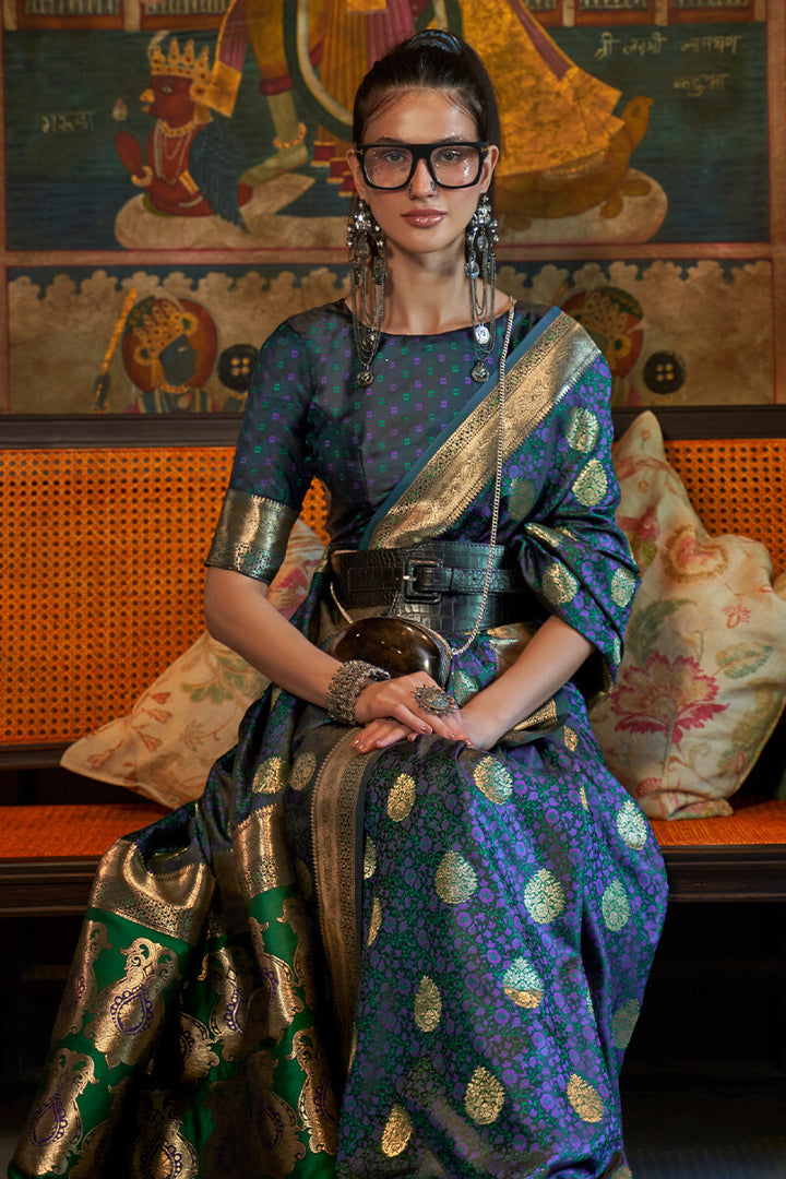 Greenish Blue Zari Woven Satin Silk Saree