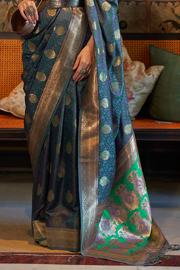 Greenish Blue Zari Woven Satin Silk Saree