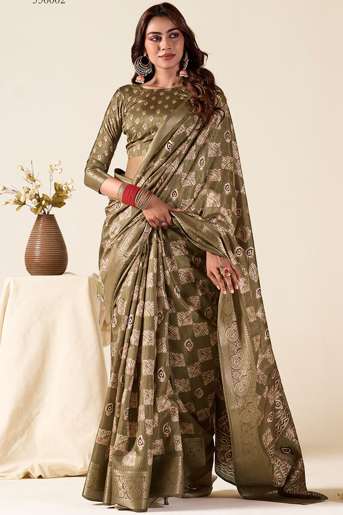 Greenish Brown Foil Printed Dola Silk Saree