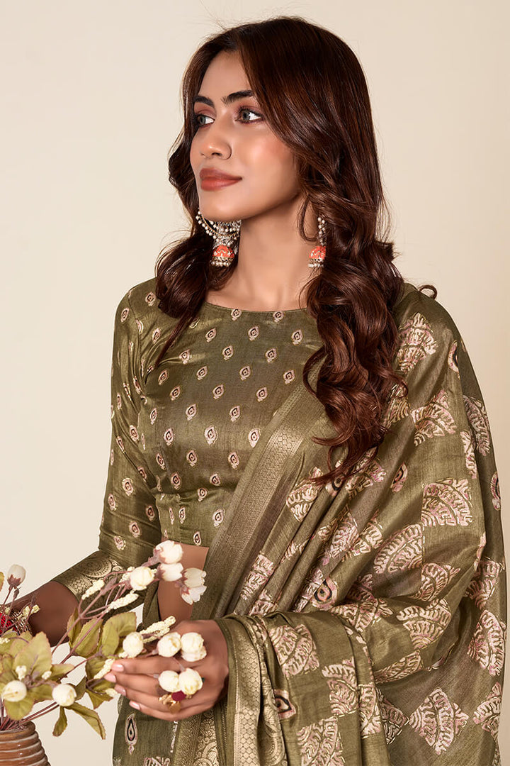 Greenish Brown Foil Printed Dola Silk Saree