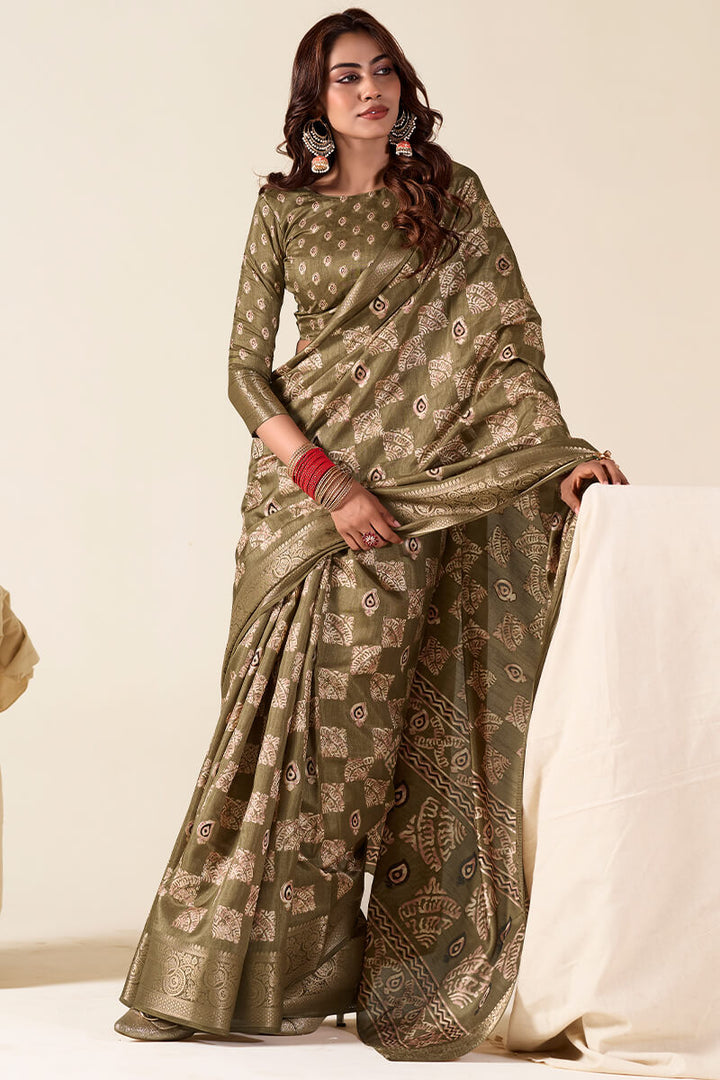 Greenish Brown Foil Printed Dola Silk Saree