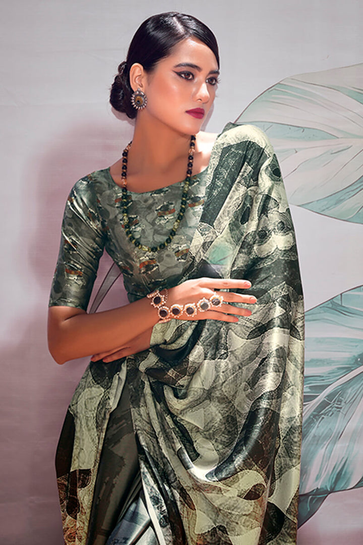 Greenish Grey Printed Satin Silk Saree