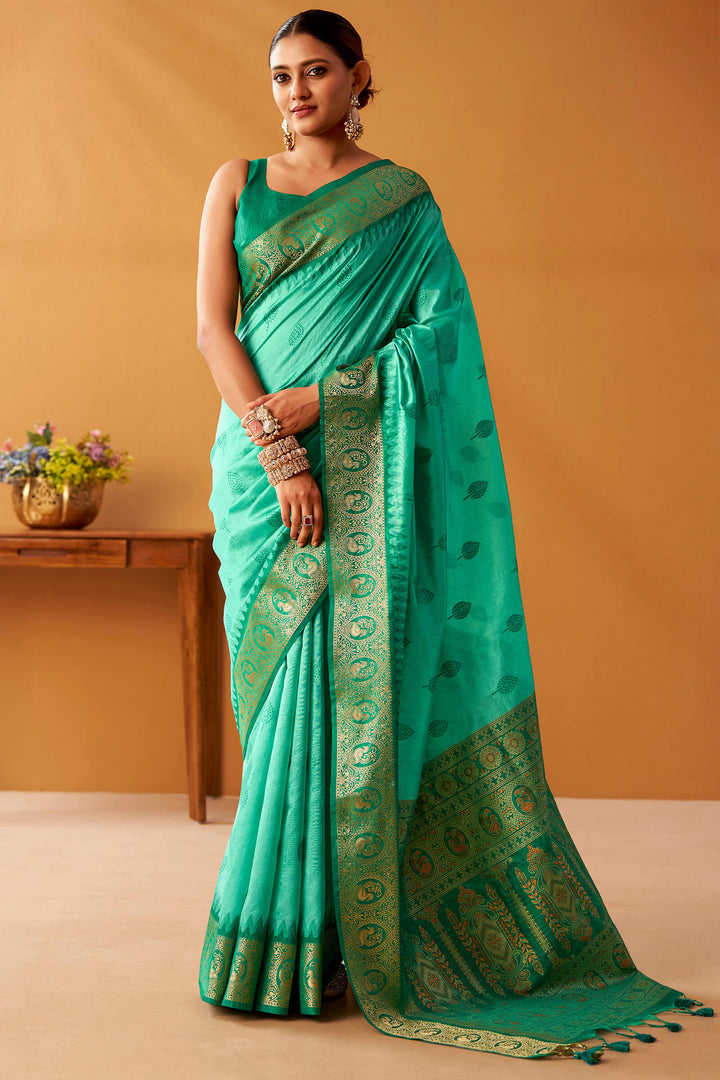 Greenish Turquoise Cotton Modal Silk Saree with Pochampally Border and Pallu