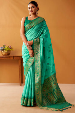 Greenish Turquoise Cotton Modal Silk Saree with Pochampally Border and Pallu
