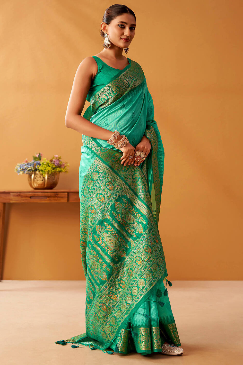 Greenish Turquoise Cotton Modal Silk Saree with Pochampally Border and Pallu
