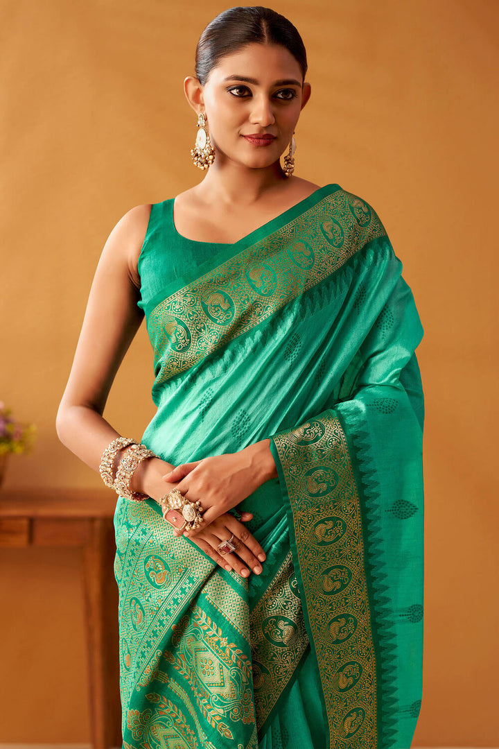 Greenish Turquoise Cotton Modal Silk Saree with Pochampally Border and Pallu