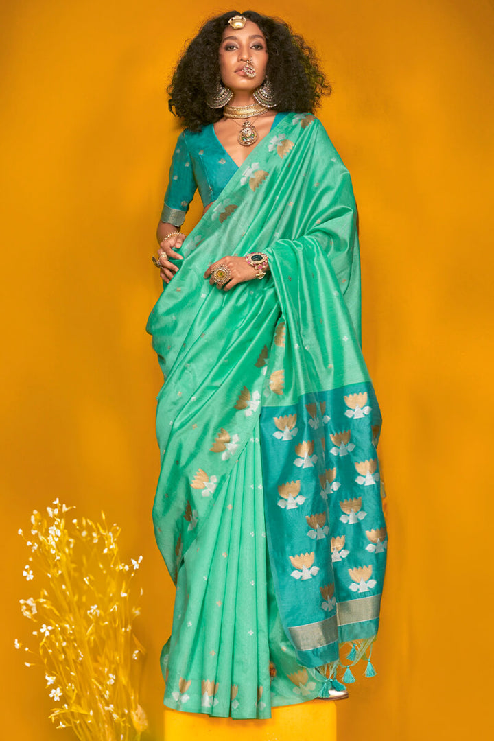 Greenish Turquoise Handloom Tussar Silk Saree