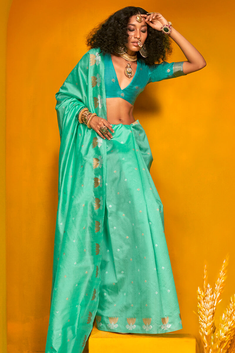 Greenish Turquoise Handloom Tussar Silk Saree