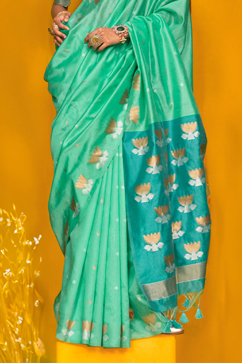 Greenish Turquoise Handloom Tussar Silk Saree