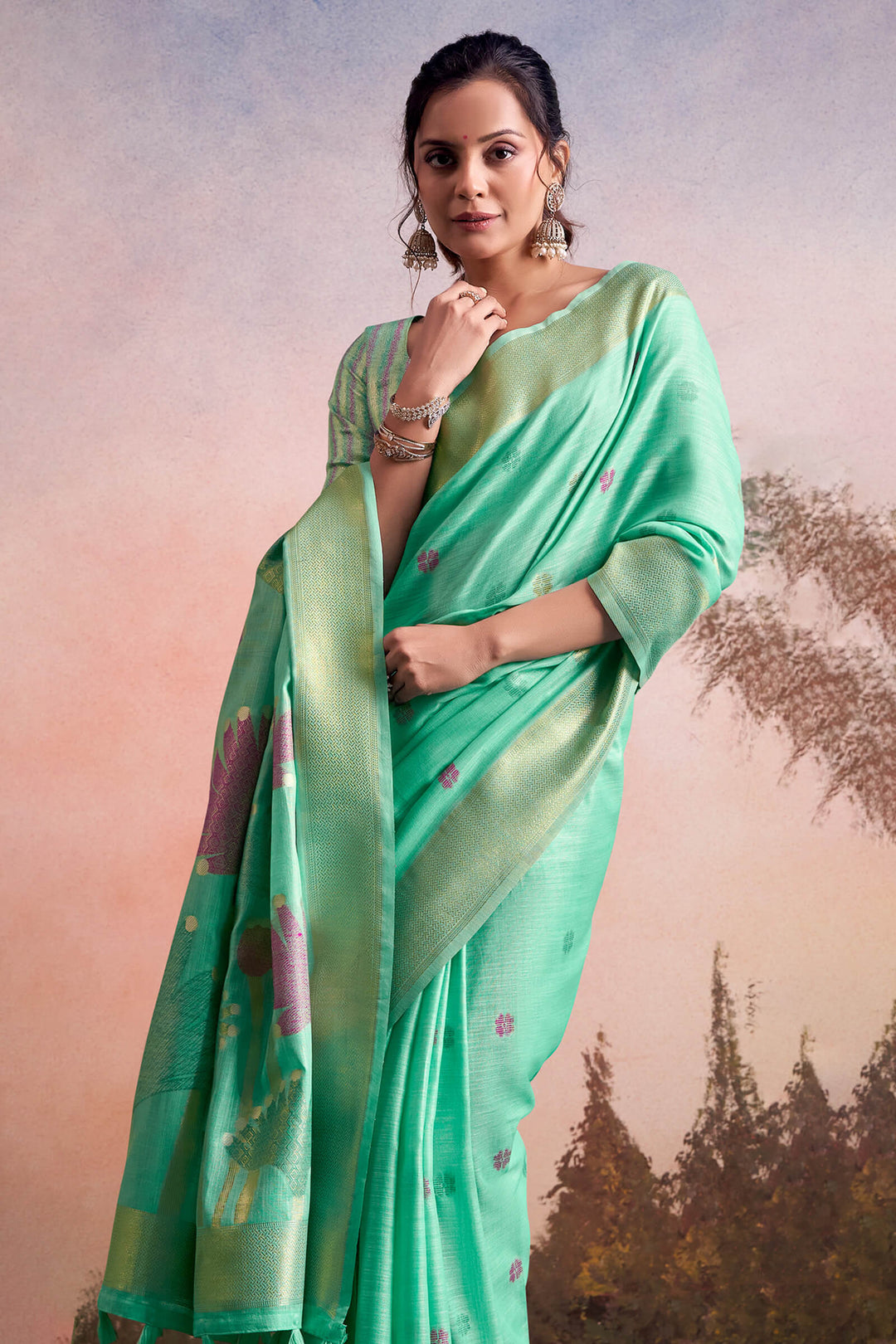 Greenish Turquoise Linen Silk Saree