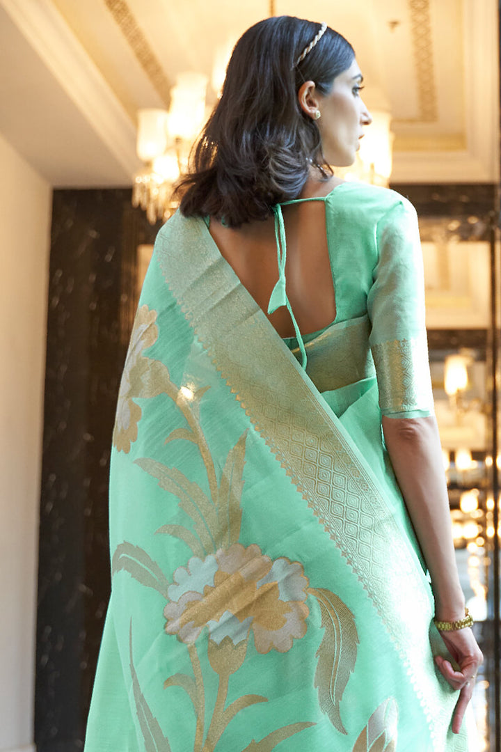 Greenish Turquoise Zari Woven Linen Silk Saree